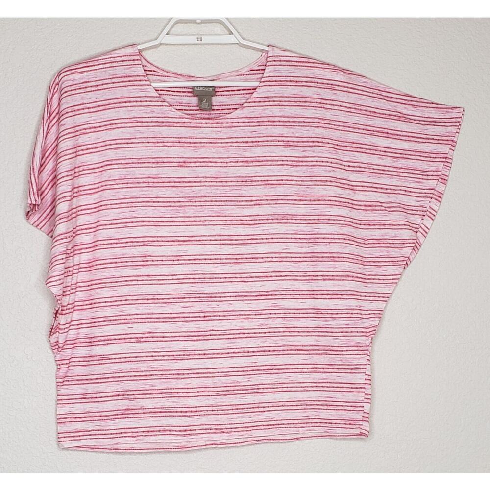 Chico’s Top Size 2 Dolman Short Sleeve Pink White Stripe Round Neck Relaxed Fit‎
